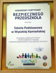 Honorowy Certyfikat "Bezpiecznego Przedszkola”